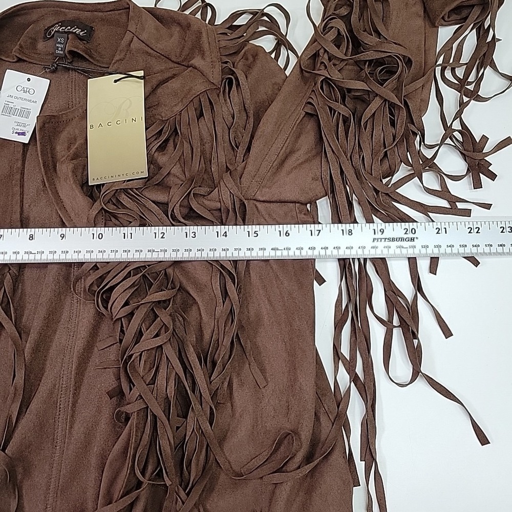 BACCINI XS Brown Open Front Suede-Like Fringed Western Light Top Casual Fun - Picture 3 of 6